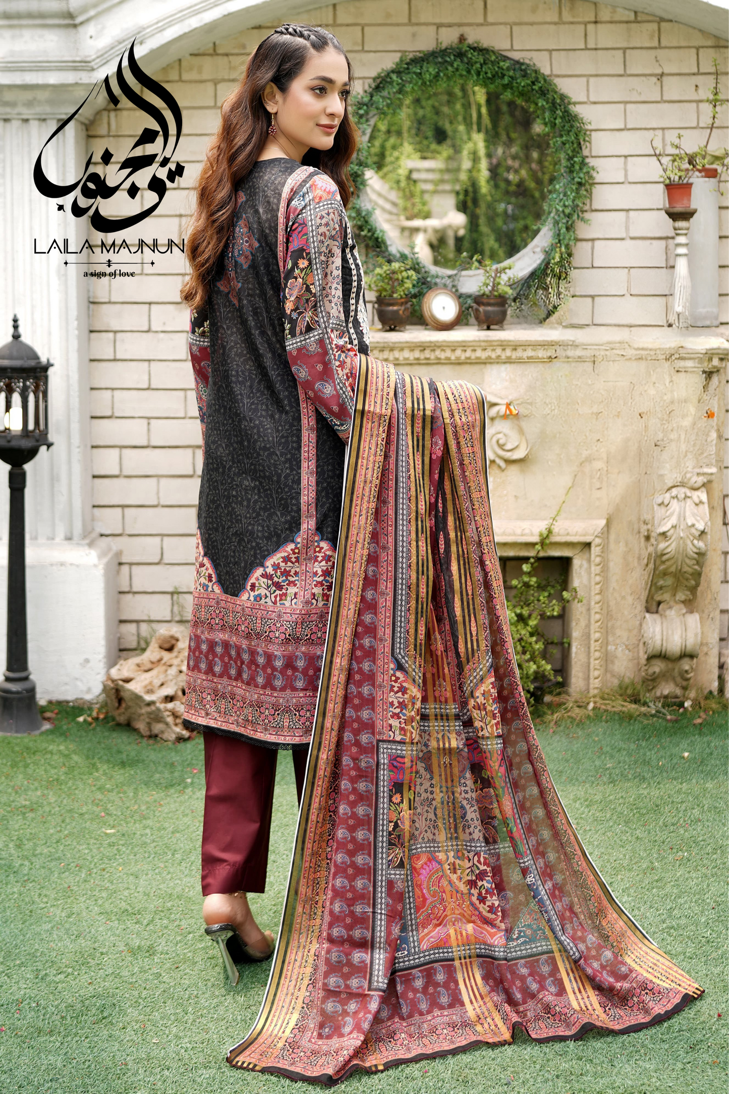 "Noor-e-Kohsar" – Black & Maroon 3-Piece Suit