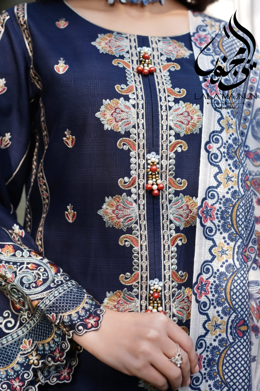 "Shab-e-Naz" (شبِ ناز) – Navy Blue Embroidered 3-Piece Stitched Suit