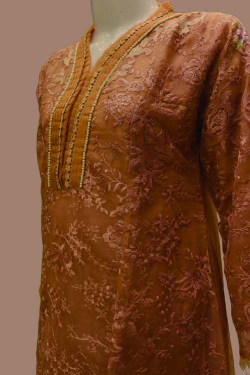 Gul-e-Sukhan | Rust Embroidered Organza Shirt – Laila Majnun