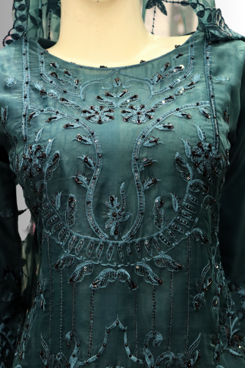 Noor-e-Seher | Deep Teal Embroidered Formal Dress – Laila Majnun