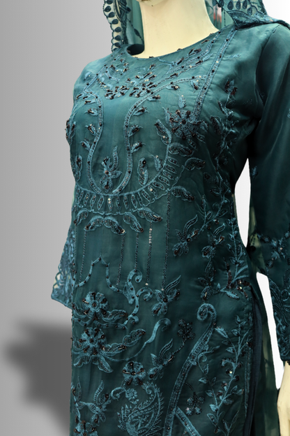 Noor-e-Seher | Deep Teal Embroidered Formal Dress – Laila Majnun