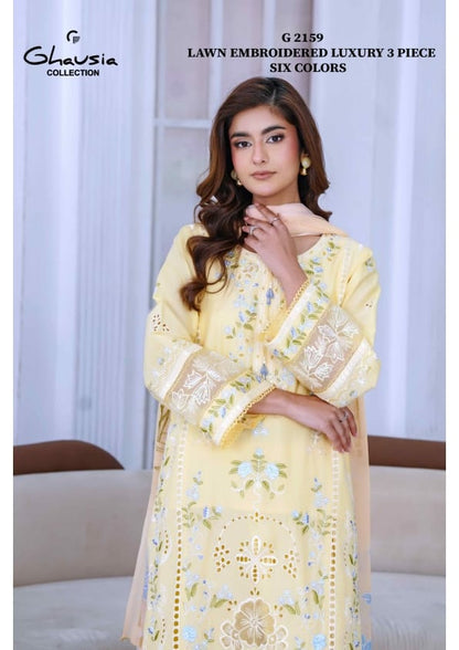 Ghausia Collection G 2159 | Luxury Embroidered Lawn 3-Piece Suite - Sun-Kissed Yellow Eid Arrival