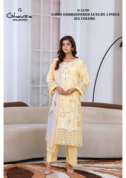 Ghausia Collection G 2159 | Luxury Embroidered Lawn 3-Piece Suite - Sun-Kissed Yellow Eid Arrival
