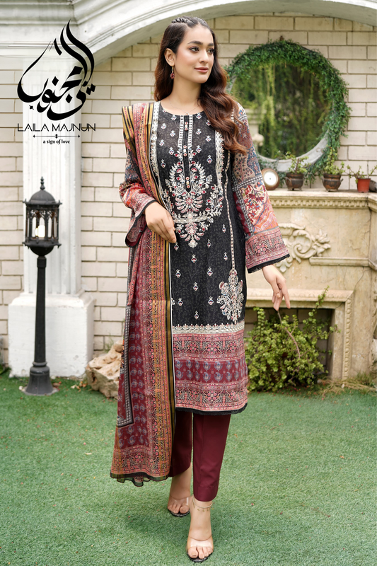 "Noor-e-Kohsar" – Black & Maroon 3-Piece Suit