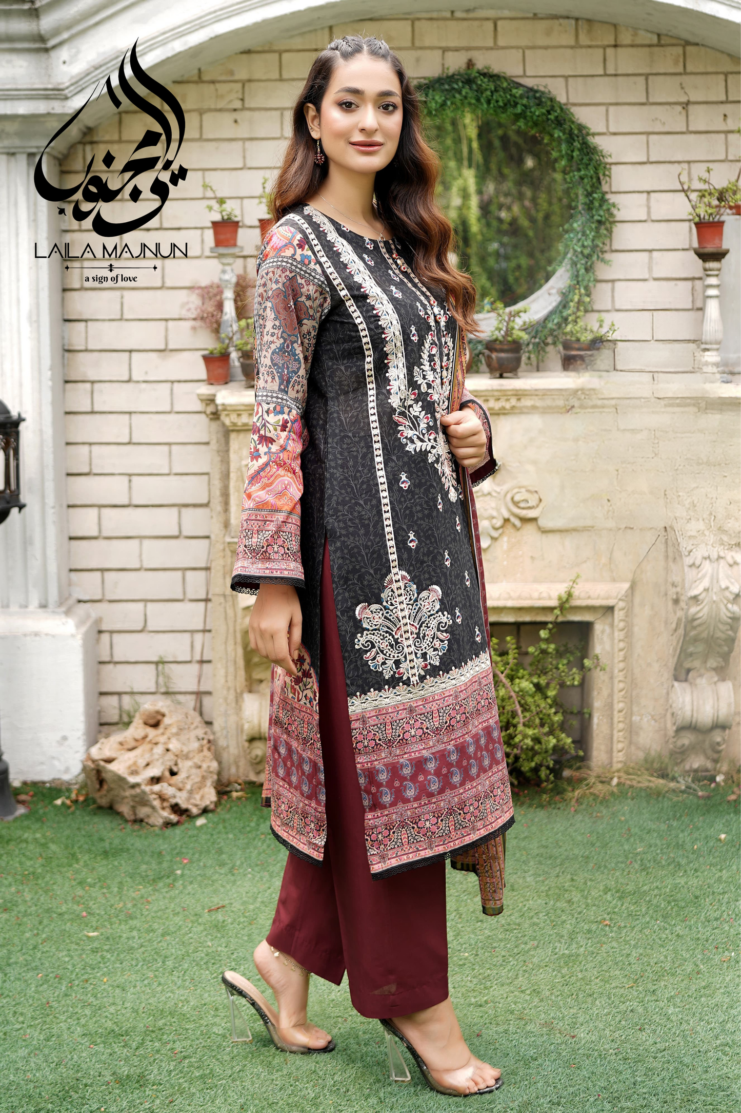 "Noor-e-Kohsar" – Black & Maroon 3-Piece Suit