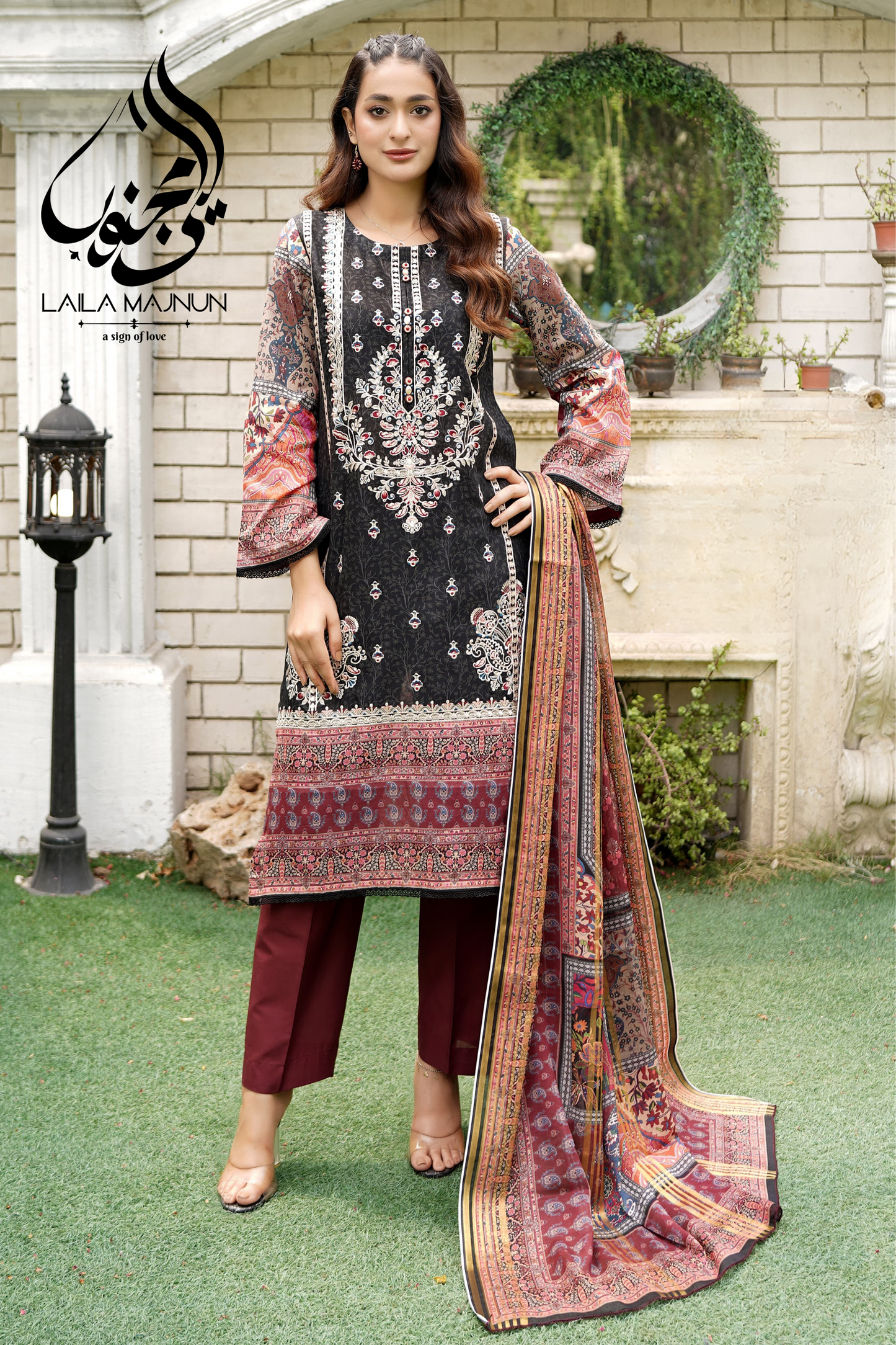 "Noor-e-Kohsar" – Black & Maroon 3-Piece Suit